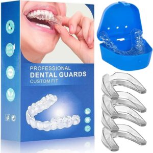 Kit de 4 Protectores Bucales Profesionales para Bruxismo – Guardas Dentales Nocturnas para el Rechinar de Dientes y Apretar la Mandíbula, Ajuste Personalizado, Libre de BPA – Incluye Estuche Higiénico Blue