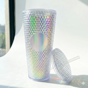 Vaso de Acrílico Aurora Blanco (750 ml) – Vaso Térmico de Doble Pared con Popote – Diseño Iridiscente Multicolor – Reutilizable y Libre de BPA