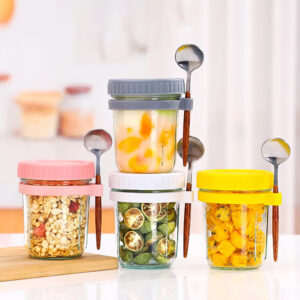 Vaso Contenedor de Vidrio para Avena- Chia – Recipientes Herméticos con Tapa de Silicona y Cuchara de Acero Inoxidable