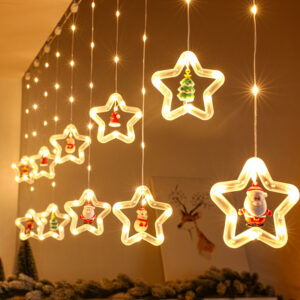Cortina de Luces LED Navideñas - 10 Estrellas con Figuras 3D y Control Remoto (9.8 ft)