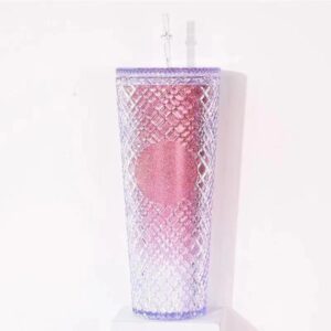 Vaso de Acrílico Pink Aurora Glitter (24 oz) – Vaso Térmico de Doble Pared con Popote – Diseño Diamante Iridiscente  – Reutilizable