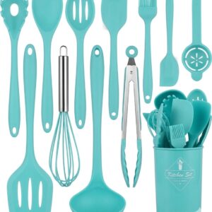 Set de Utensilios de Cocina de Silicona - Juego de 12 Piezas con Mango de Madera Natural – Resistentes al Calor y Antiadherentes