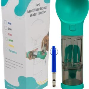 Botella de Agua Portátil 4 en 1 para Perros | Bebedero Multifuncional con Almacenamiento de Comida, Dispensador de Bolsas y Pala | Incluye Silbato de Entrenamiento | Color Turquesa