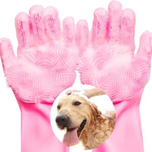 Guantes Masajeadores para Baño de Mascotas | Par de Guantes de Silicona con Cerdas Suaves para Perros y Gatos | Manopla Quita Pelos y Limpieza Profunda | Celeste y Rosa