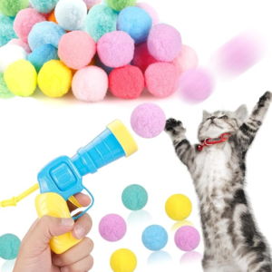 Lanzador de Pompones para Gatos | Pistola de Peluches Interactiva | Juguete de Persecución y Entrenamiento Felino | Incluye Munición de Pompones Suaves y Silenciosos