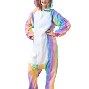 Pijama Kigurumi Unicornio Arcoiris Adulto Talle M | Enterito de Peluche Térmico y Suave | Disfraz de Una Pieza con Capucha y Cuerno Dorado | Ropa de Dormir Invierno Dica Store