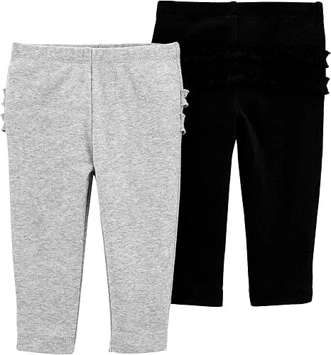 Carters 18 Months Baby Toddler Girl 2-Pk Ruffle-Detail Cotton Pants Grey & Black - Image 2